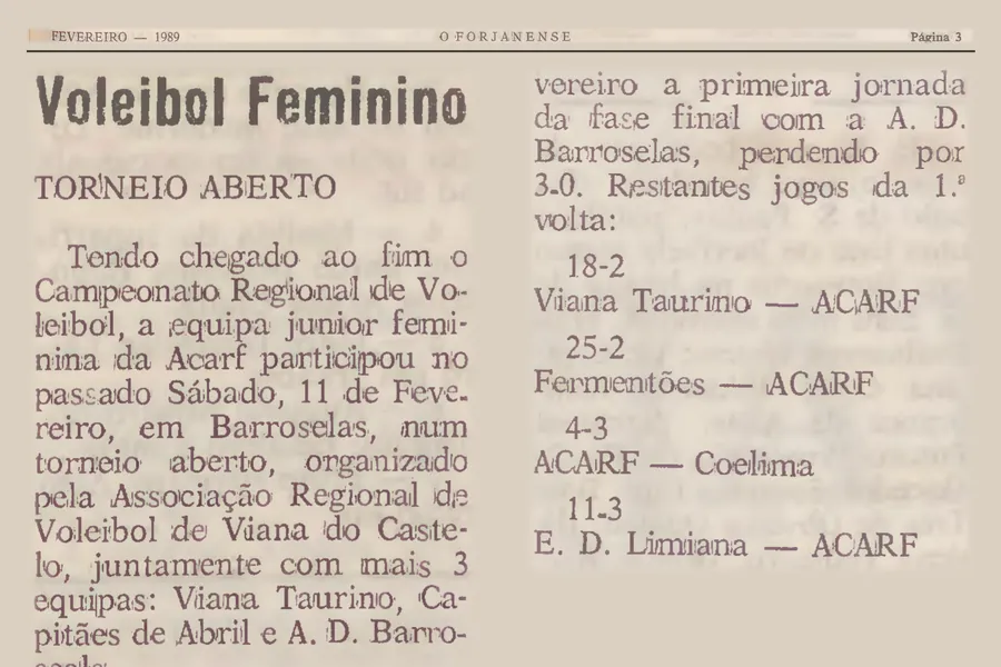 Recorte d’O Forjanense de fevereiro de 1989, secção «Voleibol Feminino»